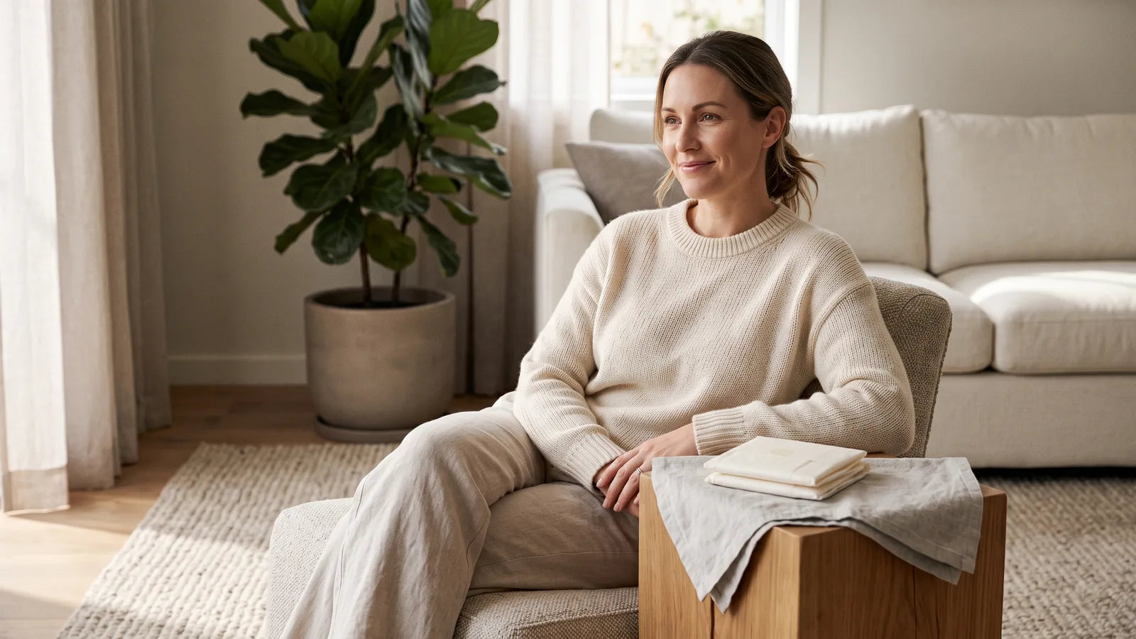 Folded bladder leak pads for women arranged discreetly in a softly lit home