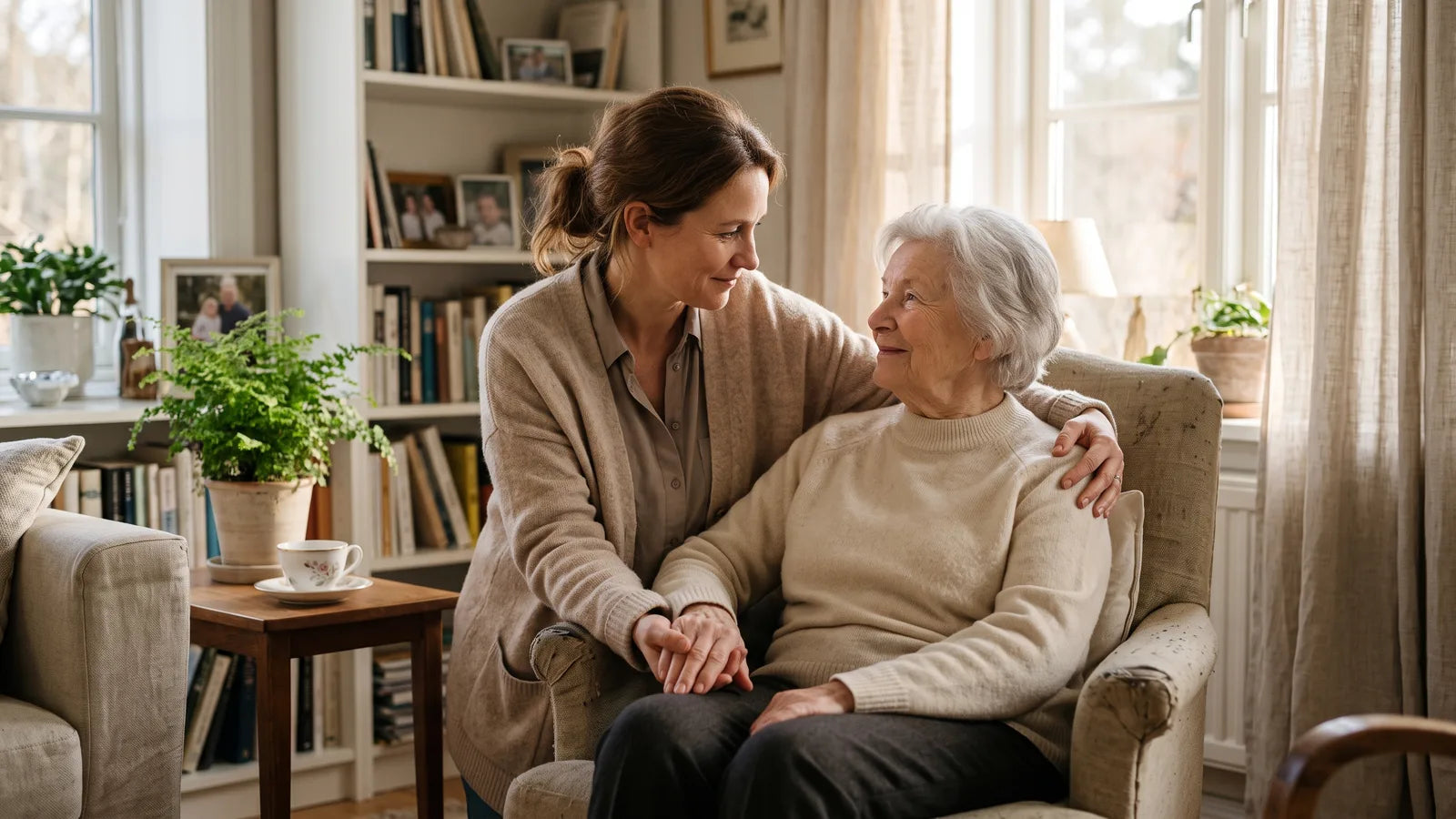 Caregiver compassionately supporting an elderly woman, incontinence care with dignity