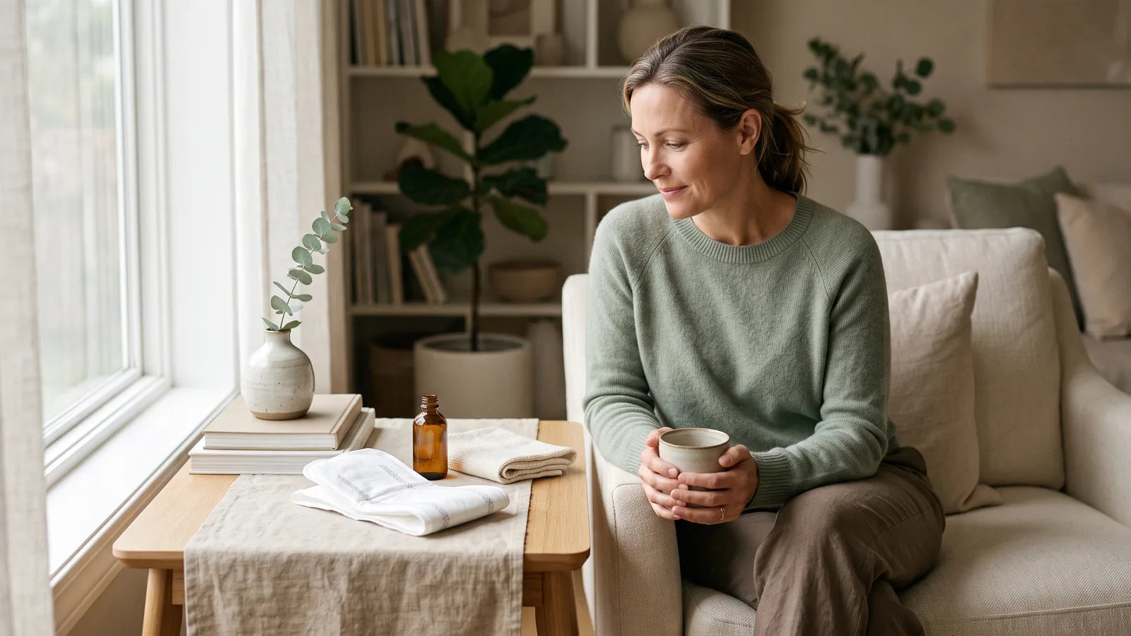 Thin discreet incontinence liner for women shown in a calm neutral home setting