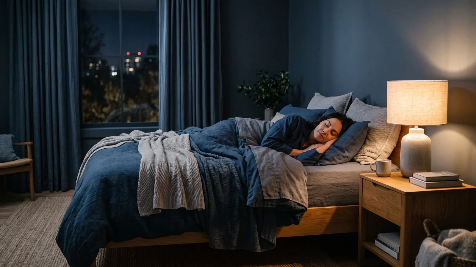 Peaceful nighttime bedroom scene representing overnight incontinence protection