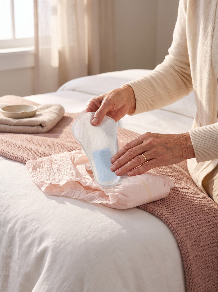 A woman placing a UraGuard hygiene shield inside her brief